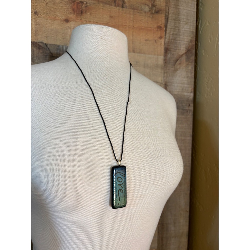 Handmade Fused Glass Love Pendant Necklace Blue Green Art Glass Black Cord